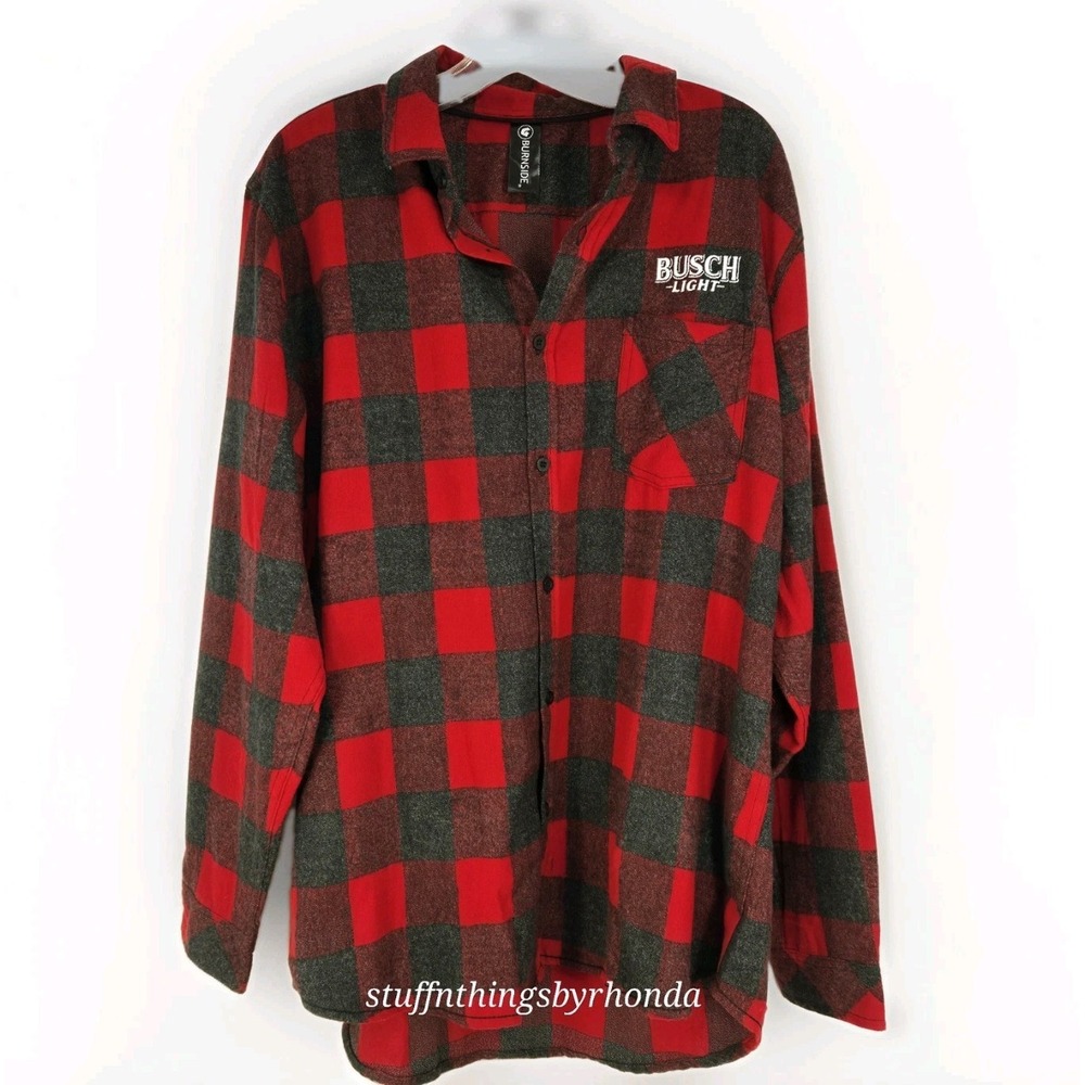 Busch Light Men's L Red/Gray Plaid Flannel Long Sleeve Button-Up Shirt Burnside